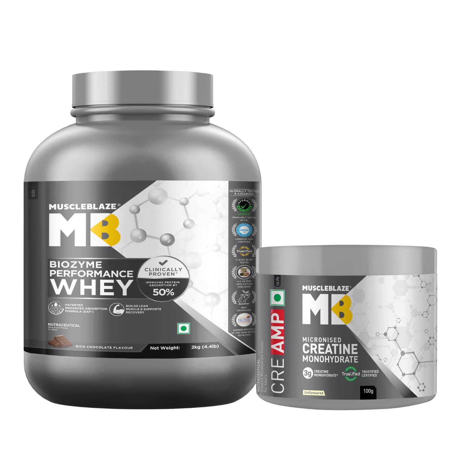 Muscleblaze Biozyme Performance Whey Protein (rich Chocolate | 2kg) & Creatine Monohydrate (100g)