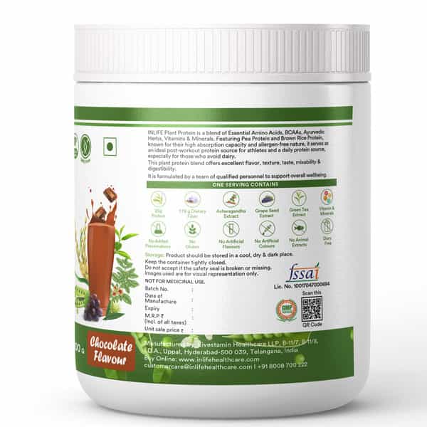 Inlife Plant Protein Powder - Pea | Quinoa & Brown Rice - 25G Protein - Chocolate | 500G