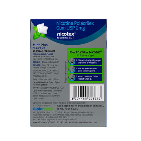 Nicotex 2Mg Mint Plus Flavour Sugar Free Strip Of 15 Chewing Gums