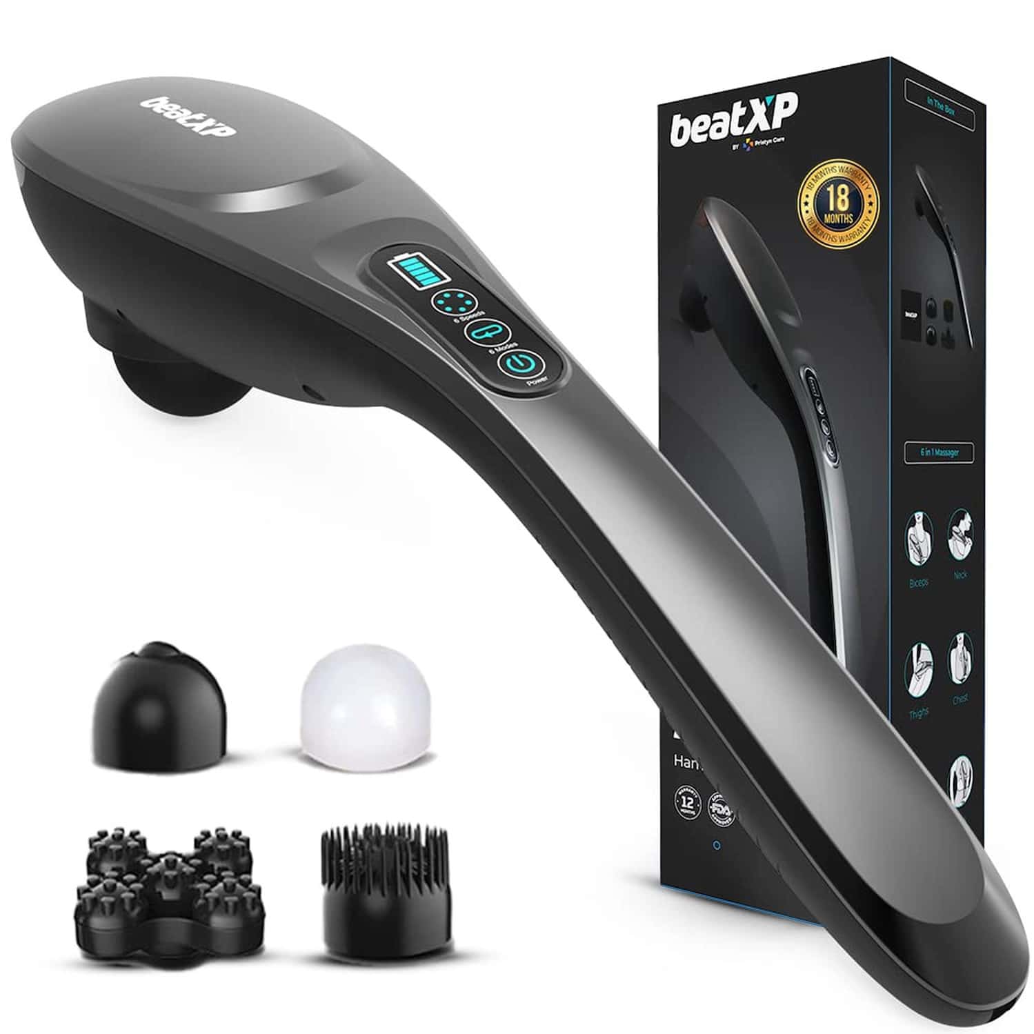 Beatxp Stream Pro Cordless Full Body Massager For Pain Relief With 4 Attachments (Grey & Black)