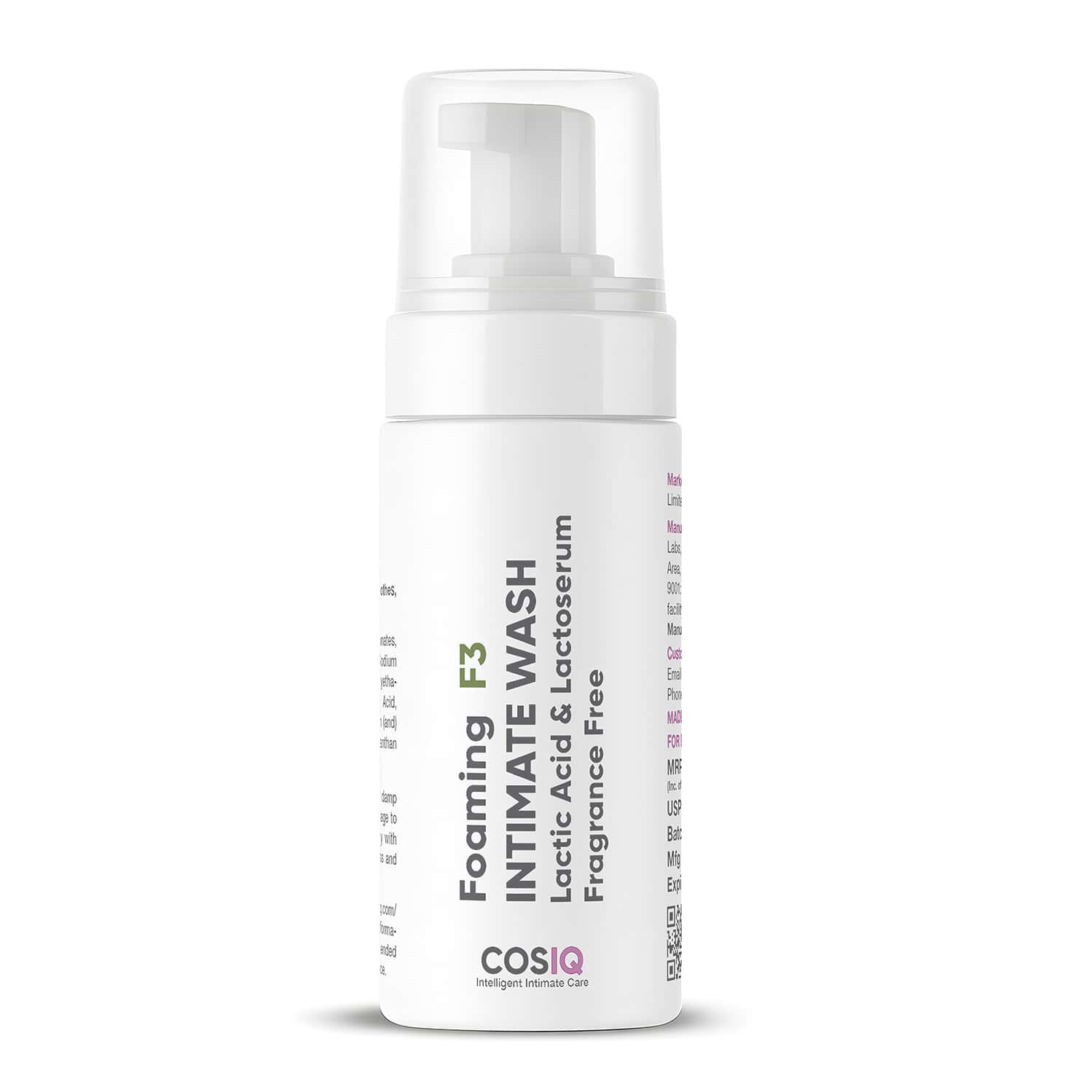 Cos-iq Foaming F3 Intimate Wash - Fragrance-free Hygiene Wash With Lactic Acid & Lactoserum | 100ml