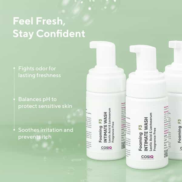 Cos-Iq Foaming F3 Intimate Wash - Fragrance-Free Hygiene Wash With Lactic Acid & Lactoserum | 100Ml