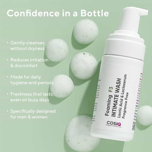 Cos-Iq Foaming F3 Intimate Wash - Fragrance-Free Hygiene Wash With Lactic Acid & Lactoserum | 100Ml