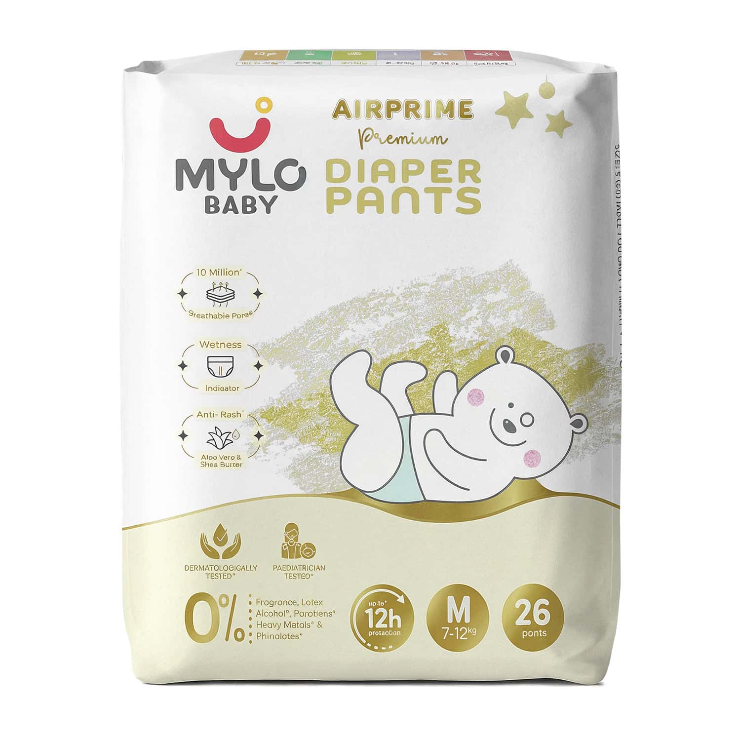 Mylo Baby Airprime Premium Diaper Pants Medium (M) Size (7-12 Kgs) (24 Count) Leak Proof| No Rashes