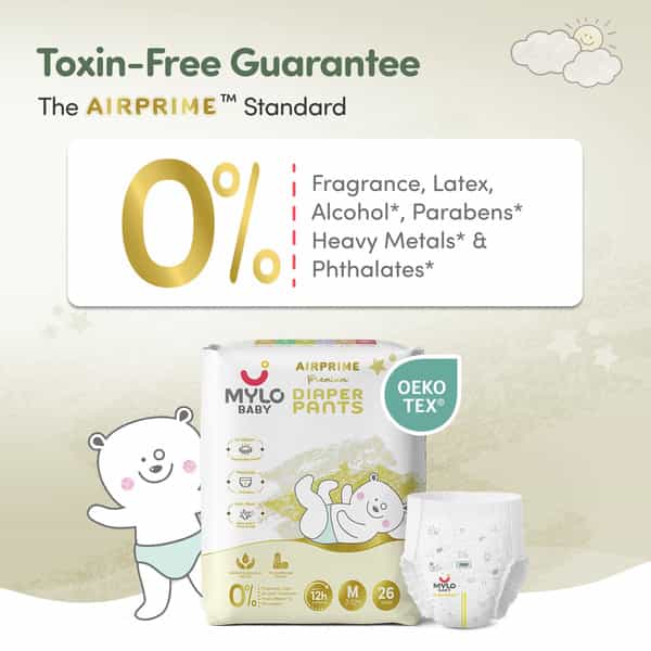 Mylo Baby Airprime Premium Diaper Pants Medium (M) Size (7-12 Kgs) (24 Count) Leak Proof| No Rashes