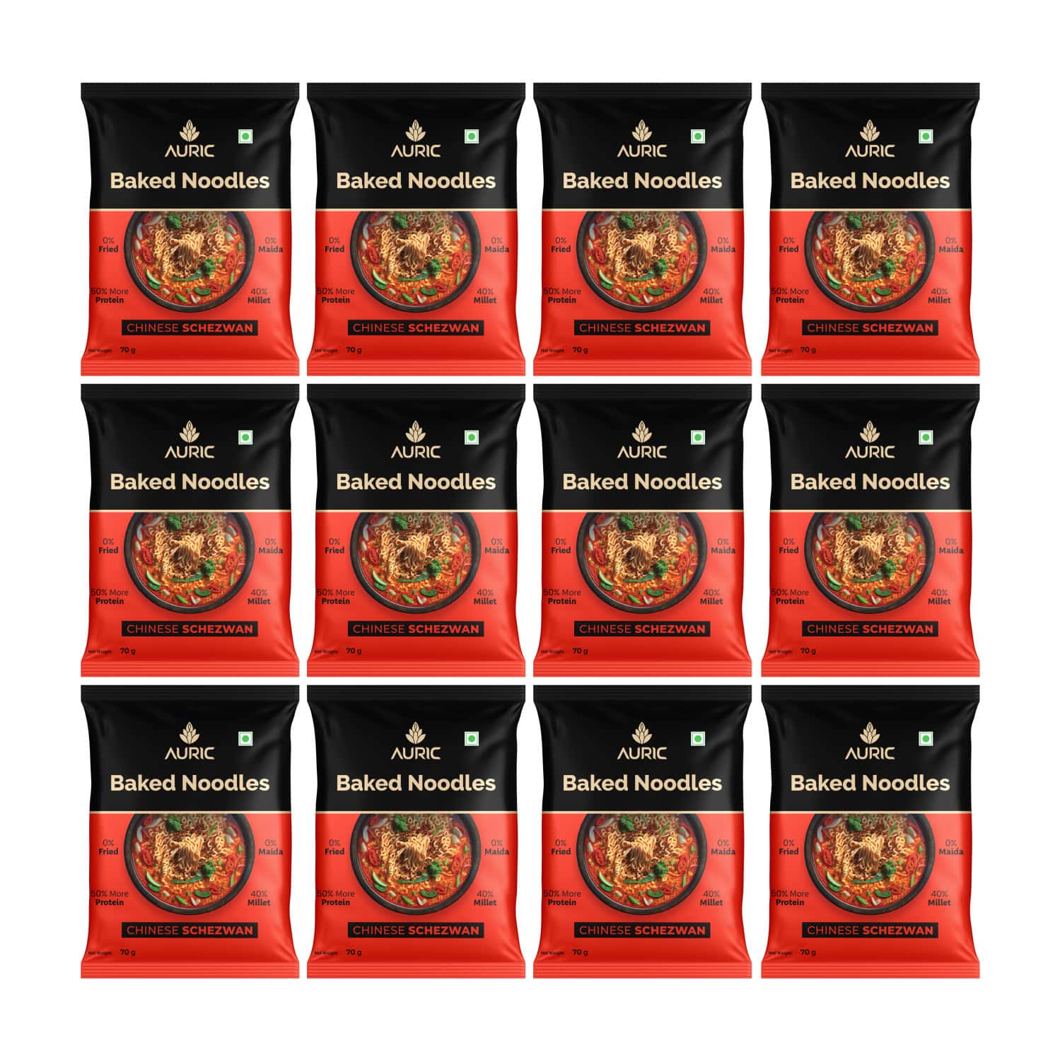 Auric Baked Instant Chinese Schezwan Noodles 70g (Pack Of 12) Baked | Not Fried
