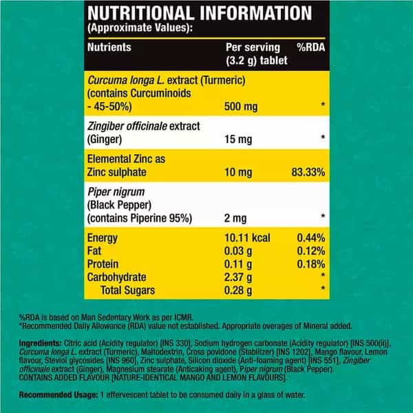 Fast&Up Curcumin 500 Mg With 95% Piperine - Immunity Shield & High Potency - Mango - 25 Tablets