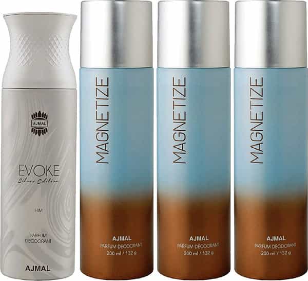 Ajmal 1 Evoke Silver Edition For Him For Men & 3 Magnetize For Men & Women Deo Each 200Ml Pack Of 4
