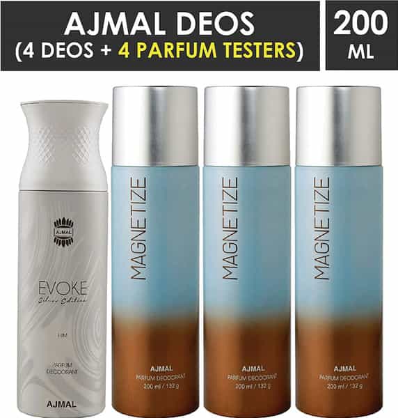 Ajmal 1 Evoke Silver Edition For Him For Men & 3 Magnetize For Men & Women Deo Each 200Ml Pack Of 4