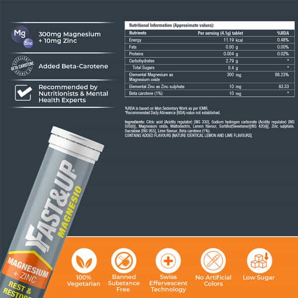 Fast&Up Magnesium Supplement +Zinc Anti Stress Muscle Recovery Anxiety Relief-Lime&Lemon(Pack Of 3)