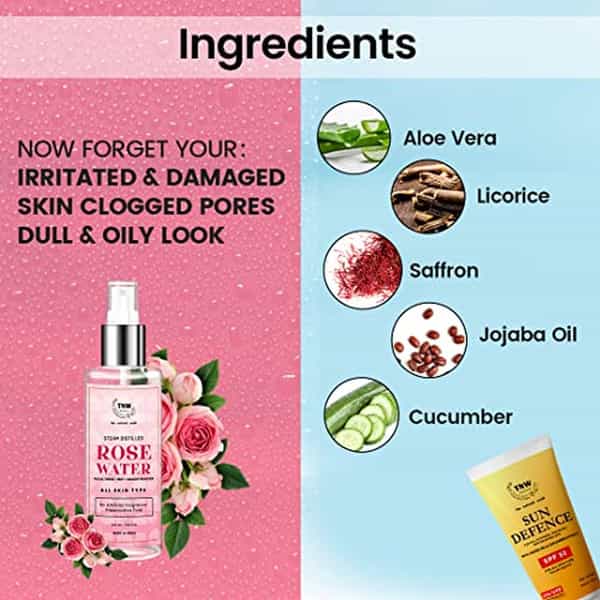 Tnw The Natural Wash Combo Of Rose Water Toner & Sun Defence Sunscreen Cream 200 Ml| Face 50G
