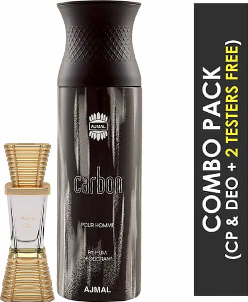 Ajmal Aura Cp Oil Alcohol-Free Attar 10Ml For Unisex And Carbon Homme Deodorant 200Ml For Men