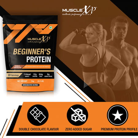 Musclexp Beginner'S With Whey Protein And Digestive Enzymes Double Chocolate 1kg Pouch (2.2 Lb)