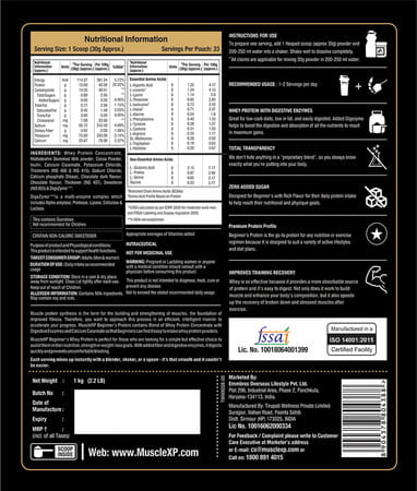 Musclexp Beginner'S With Whey Protein And Digestive Enzymes Double Chocolate 1kg Pouch (2.2 Lb)
