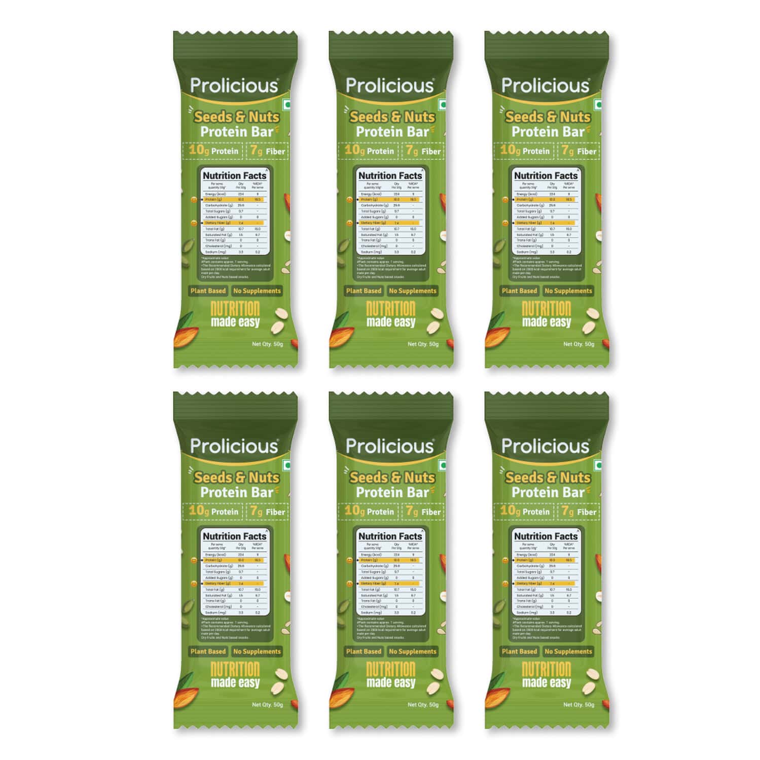 Prolicious Nuts & Seeeds 10g Protein & 4g Fiber | No Refined Sugar | Plant Based - 50g (Pack Of 6)