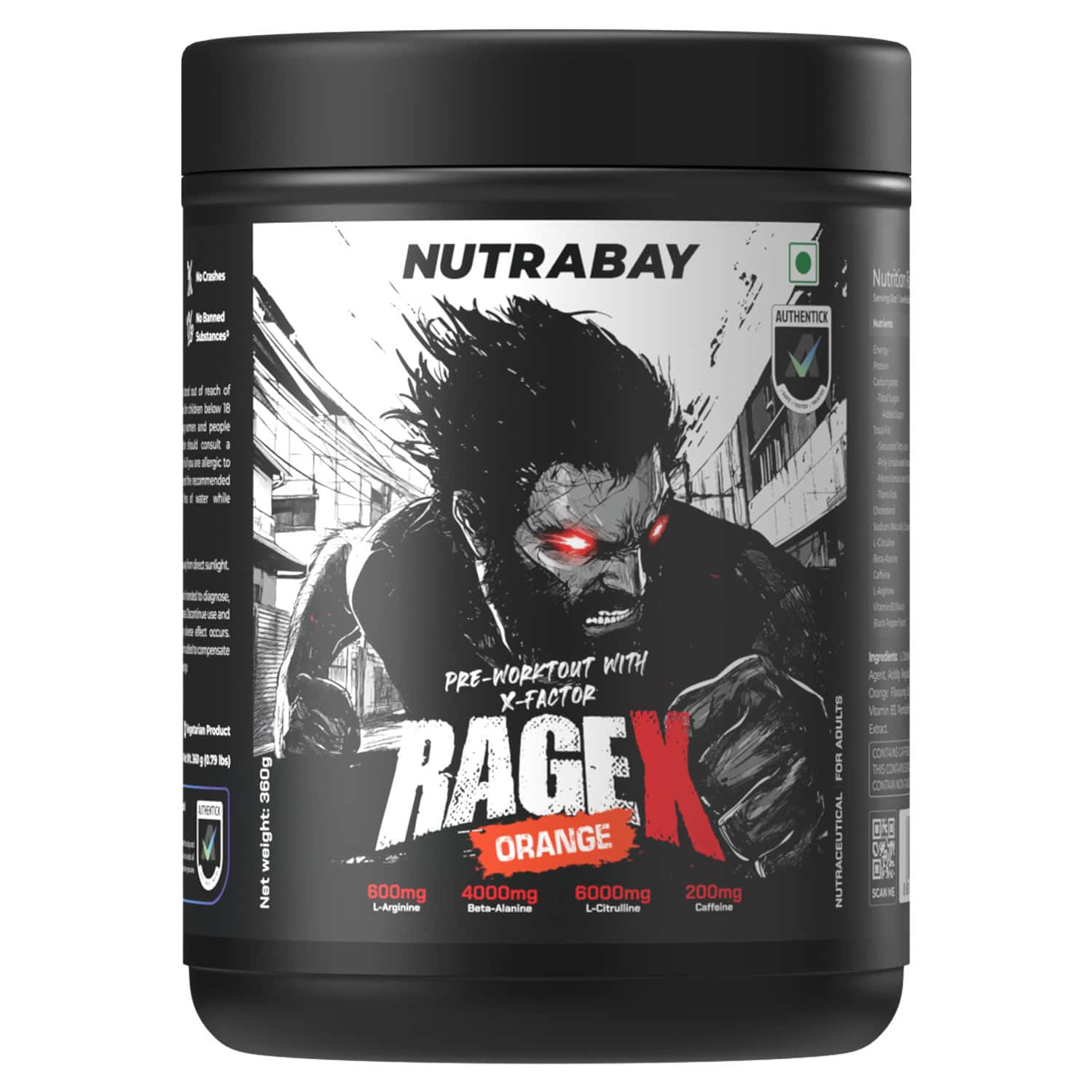 Nutrabay Ragex Pre Workout Supplement Powder - 360g | Orange | 200mg Caffeine | 4g Beta Alanine