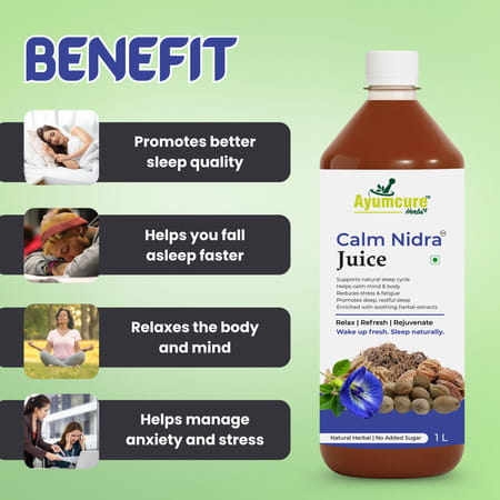 Ayumcure Calm Nidra Juice | Herbal Sleep Support Juice With Ashwagandha Tagar & Jatamansi - 1ltr