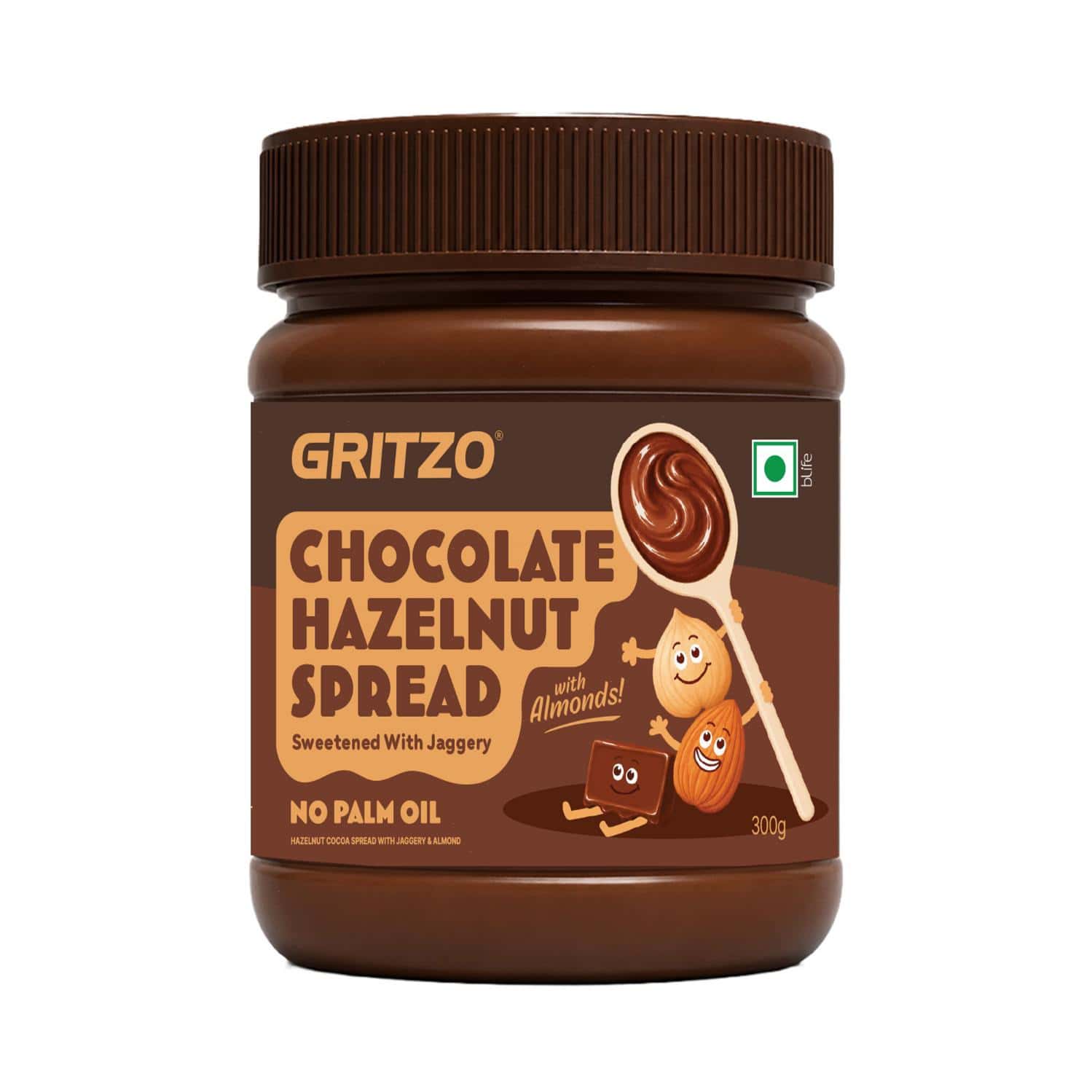 Gritzo Chocolate Hazelnut Spread With Almonds (300g) | Sweetened With Jaggery | No Palm Oil