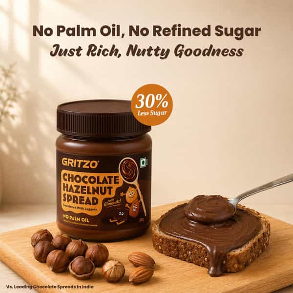 Gritzo Chocolate Hazelnut Spread With Almonds (300G) | Sweetened With Jaggery | No Palm Oil