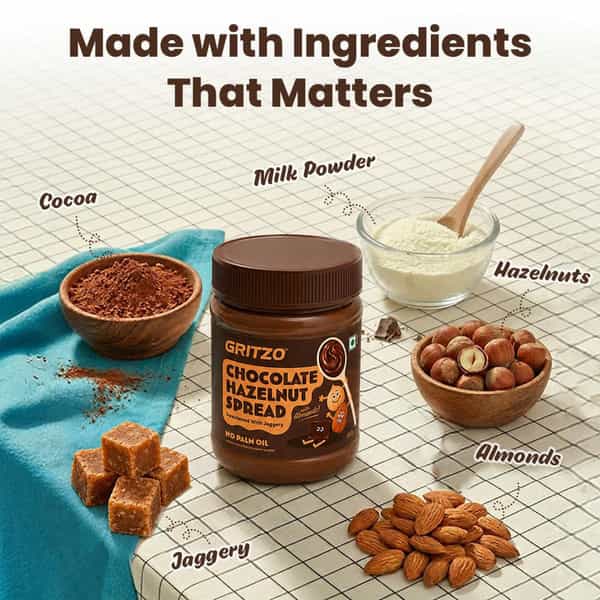 Gritzo Chocolate Hazelnut Spread With Almonds (300G) | Sweetened With Jaggery | No Palm Oil