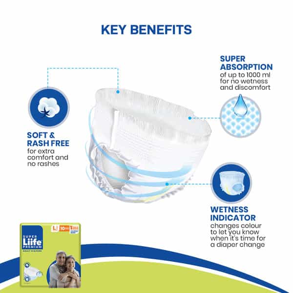 Super Life Rash Free Adult Diapers Pants Style With Wetness - 10 Count Large