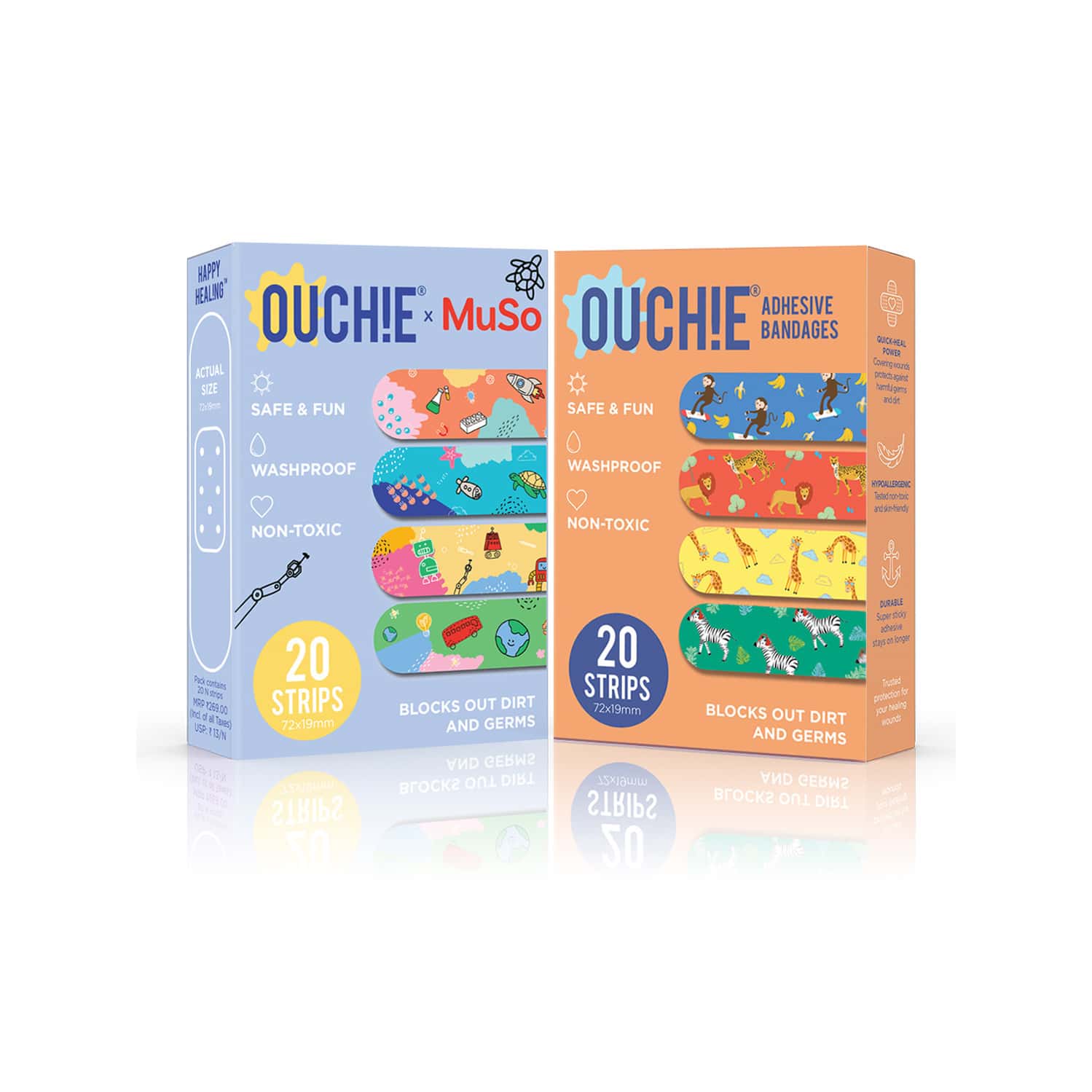 Ouchie Non-Toxic Printed Bandages Double Combo (40 Pack) - Ouchie X Muso & Orange