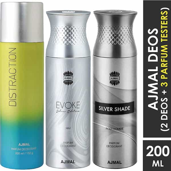 Ajmal 1 Distraction For Unisex 1 Ajmal Evoke Silver 1 Silver Shade For Men Pack Of 3 Deos- 600Ml
