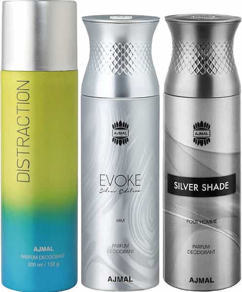 Ajmal 1 Distraction For Unisex 1 Ajmal Evoke Silver 1 Silver Shade For Men Pack Of 3 Deos- 600Ml