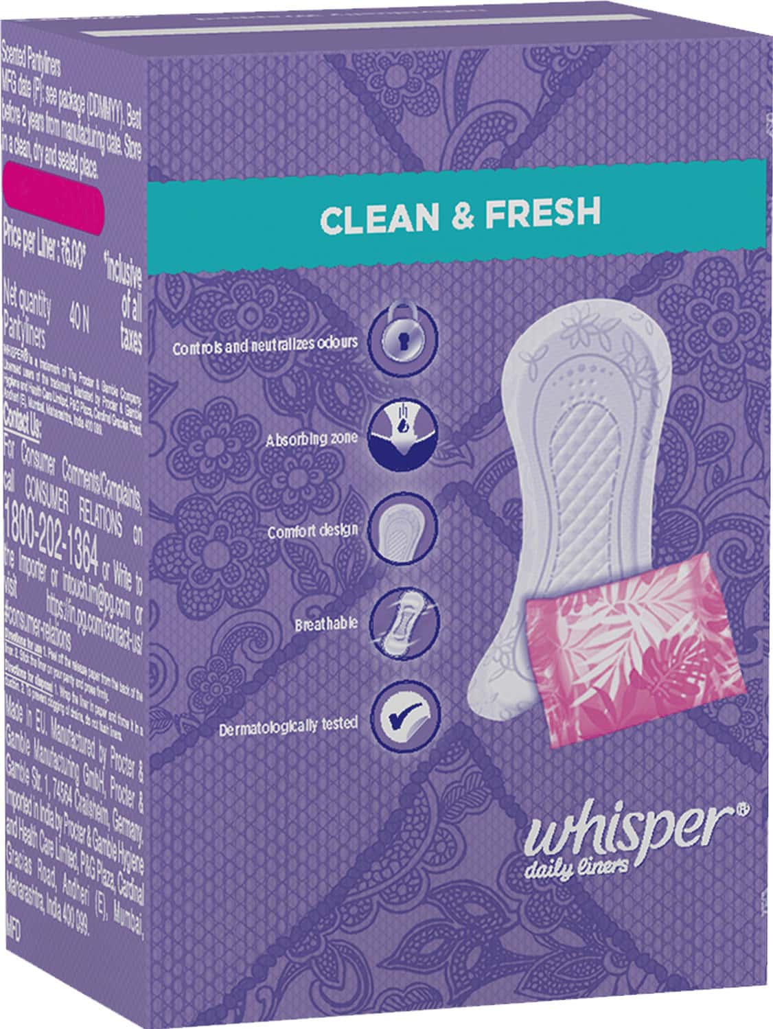 Buy WHISPER CLEAN AND FRESH DAILY LINERS 40 COUNT Online & Get Upto