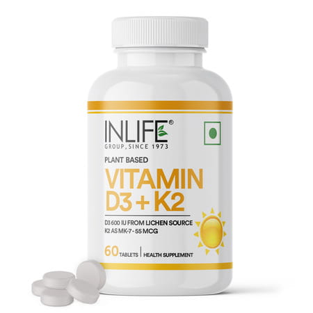 Inlife Vitamin D3 K2 Supplement | Derived From Lichen (Plant Based) & Vitamin K2 (Mk7) | Veg - 60n