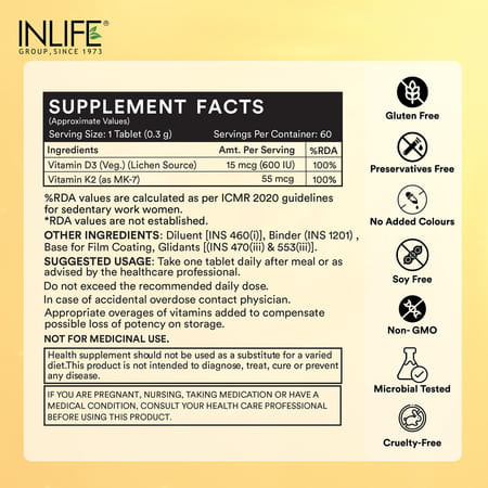 Inlife Vitamin D3 K2 Supplement | Derived From Lichen (Plant Based) & Vitamin K2 (Mk7) | Veg - 60n