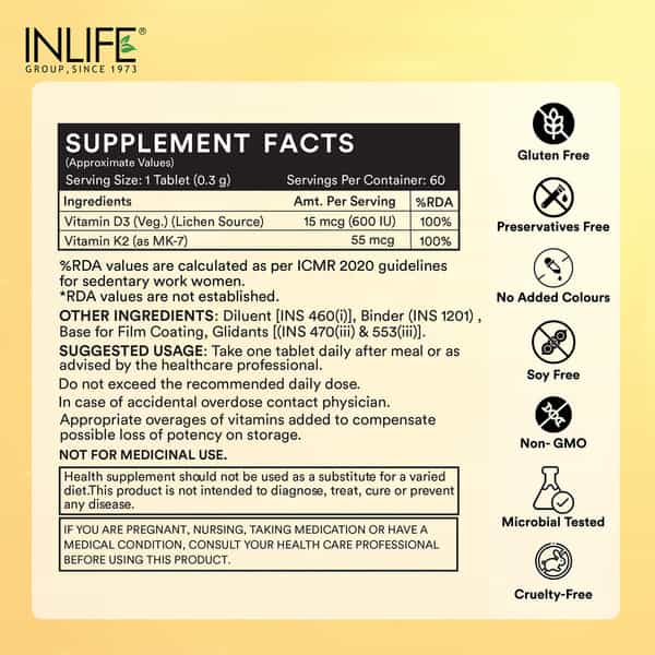 Inlife Vitamin D3 K2 Supplement | Derived From Lichen (Plant Based) & Vitamin K2 (Mk7) | Veg - 60N