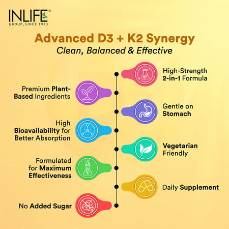 Inlife Vitamin D3 K2 Supplement | Derived From Lichen (Plant Based) & Vitamin K2 (Mk7) | Veg - 60n