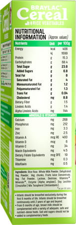 Braylac Cereal Rice & Vegetable | 300 Gm | Bag In Box | For 8+ Months Baby