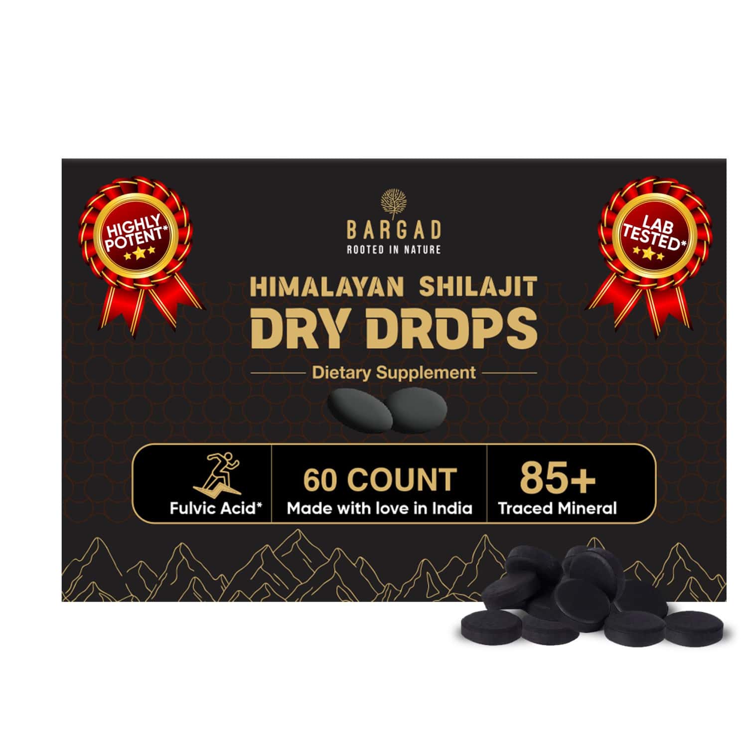 Bargad Himalayan Shilajit Dry Drops | >75% Fulvic Acid & 85+ Essential Minerals - 60n