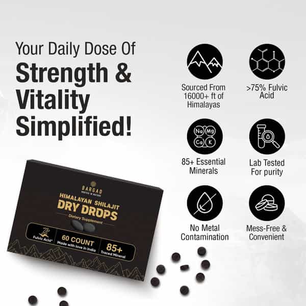 Bargad Himalayan Shilajit Dry Drops | >75% Fulvic Acid & 85+ Essential Minerals - 60N