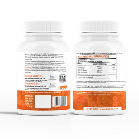 Oribite Vitamin B12 + D3 Capsules For Energy & Bones 60 Capsules