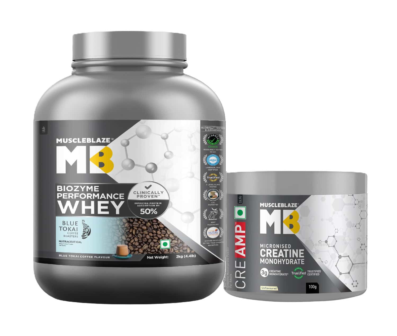 Muscleblaze Biozyme Performance Whey Protein | Blue Tokai Coffee | 2kg & Creatine Monohydrate