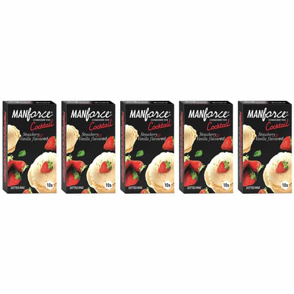 Manforce Cocktail Condoms (Dotted-Rings) Strawberry & Vanilla Flavoured 10 Pcs X Pack Of 5