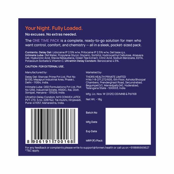 Formen One Time Pack | Ultra-Thin Condom | Delay Gel & Lubricant
