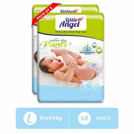 Little Angel Extra Dry Baby Pants Diaper Large (L) Size 68 Count | Pack Of 2 | 34 Count | 8-14kg