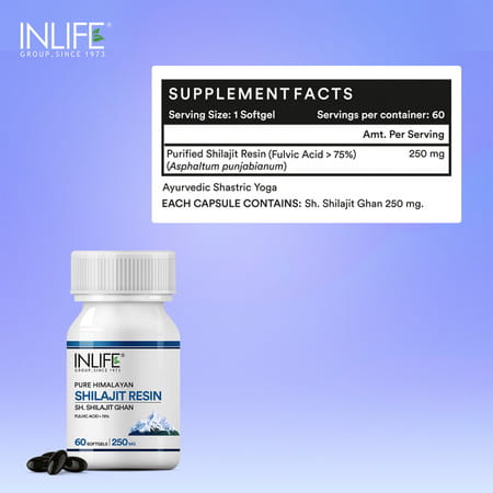 Inlife Shilajit Resin Softgel Capsules 250mg | Himalayan Sourced 18000 Ft | 75%+ Fulvic Acid - 60n