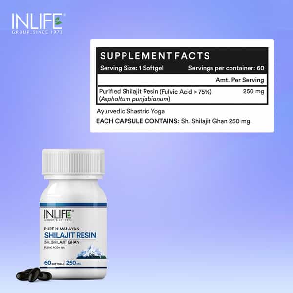 Inlife Shilajit Resin Softgel Capsules 250Mg | Himalayan Sourced 18000 Ft | 75%+ Fulvic Acid - 60N
