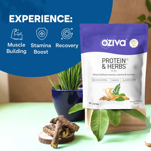 Oziva Protein & Herbs For Men Banana Caramel (1Kg) | For Muscle Building