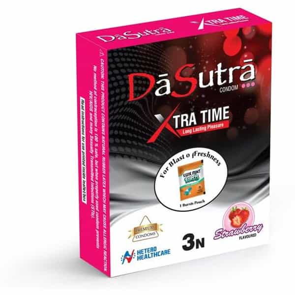 Dasutra Xtra Time Long Lasting Pleasure Condoms - Ribbed-Dotted-Contour|Strawberry 3'S Pack Of 5