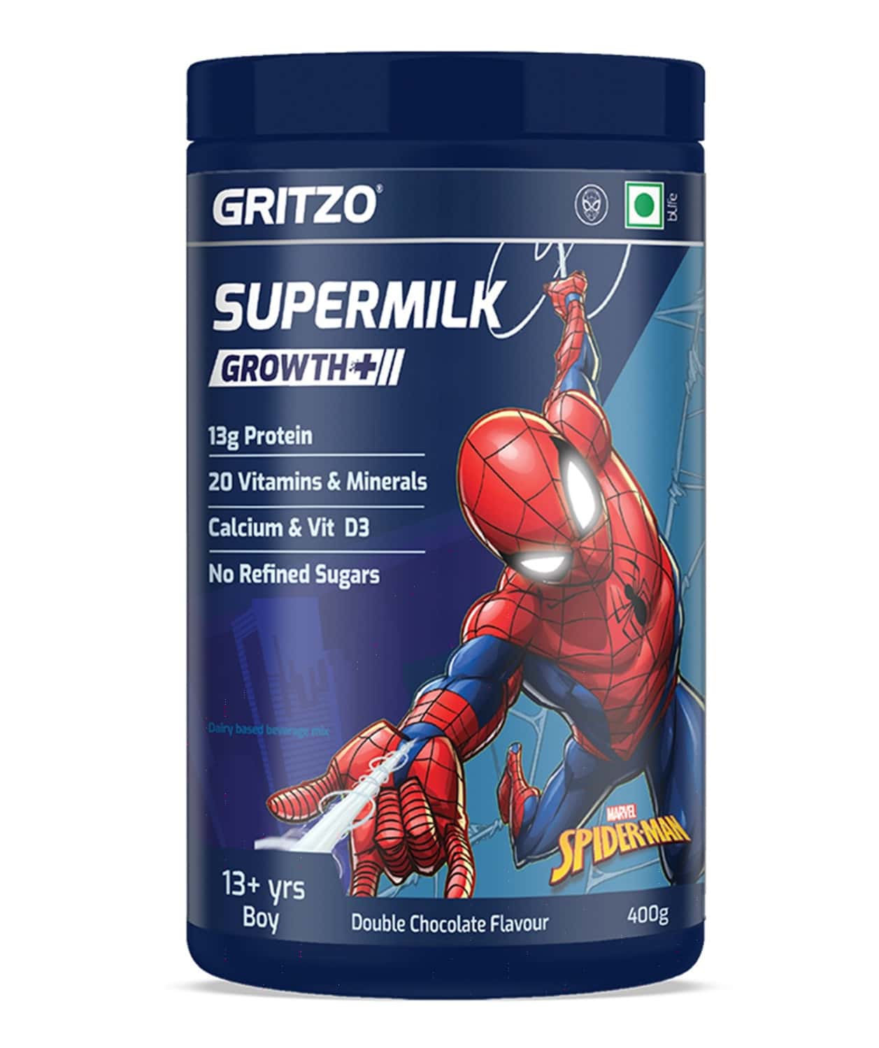 Gritzo Supermilk Growth+ Spiderman (13+Y Boy)| 13g Protein Powder (Double Chocolate| 400g)