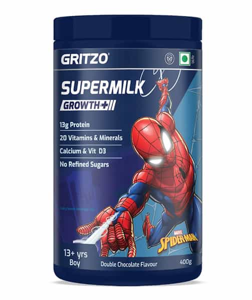 Gritzo Supermilk Growth+ Spiderman (13+Y Boy)| 13G Protein Powder (Double Chocolate| 400G)