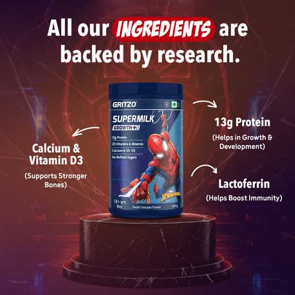 Gritzo Supermilk Growth+ Spiderman (13+Y Boy)| 13G Protein Powder (Double Chocolate| 400G)