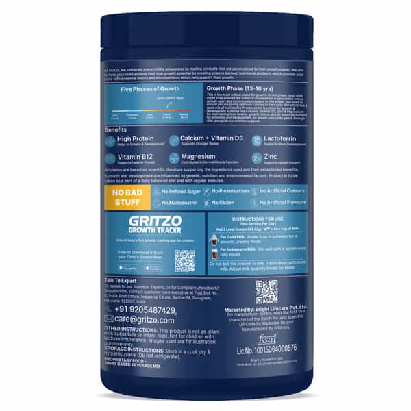 Gritzo Supermilk Growth+ Spiderman (13+Y Boy)| 13G Protein Powder (Double Chocolate| 400G)
