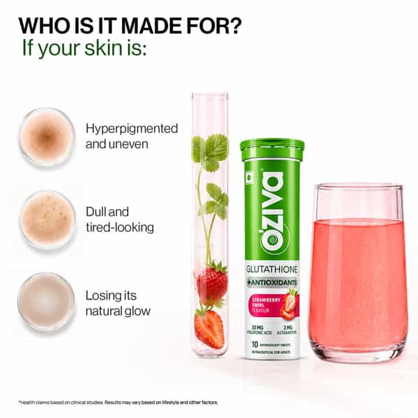 Oziva Bioactive Gluta Fizzy (L-Glutathione)| Strawberry Swirl | 20 Effervescent Tablets